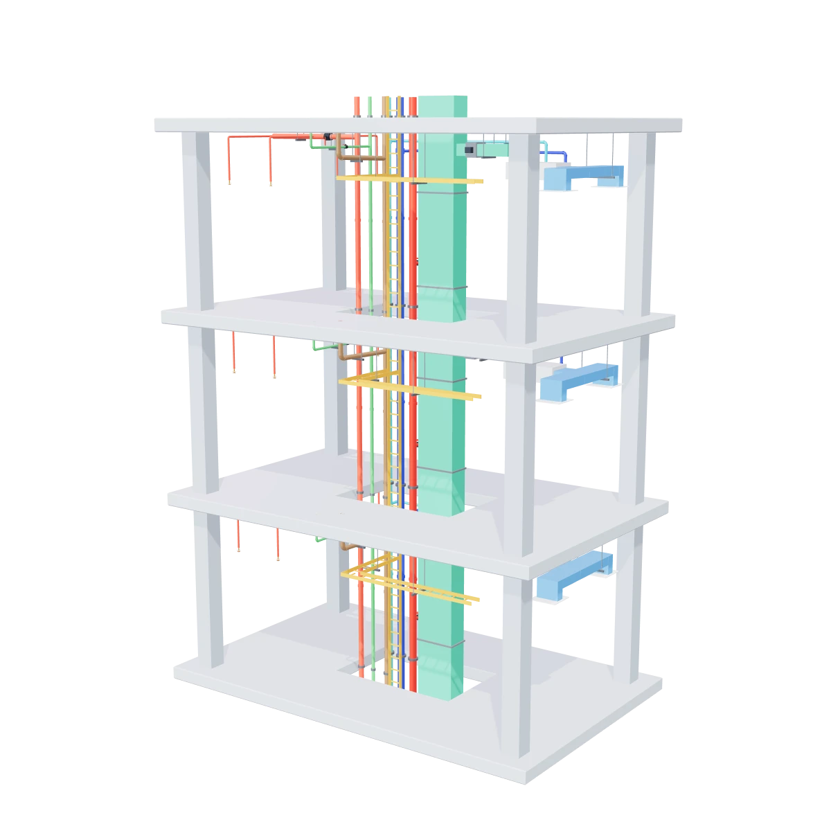 A 3D model of three floors of a building core: the MEP risers and the branches each floor takes off them