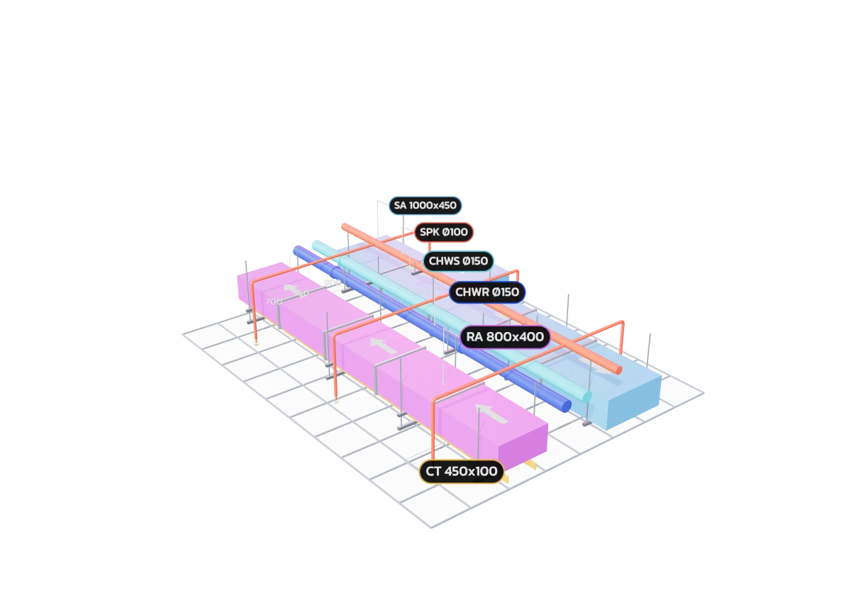 A 3D model of a corridor ceiling void: ducts, pipes and a cable tray, each tagged, with a chained dimension