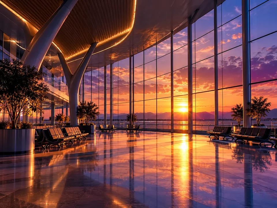 Illustration: an airport terminal at sunset, with a curved roof and tall glass walls