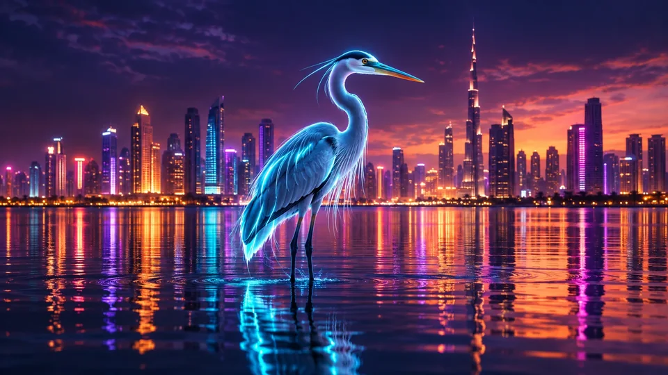 Illustration: a heron drawn in cyan light, standing in water before a city skyline at night
